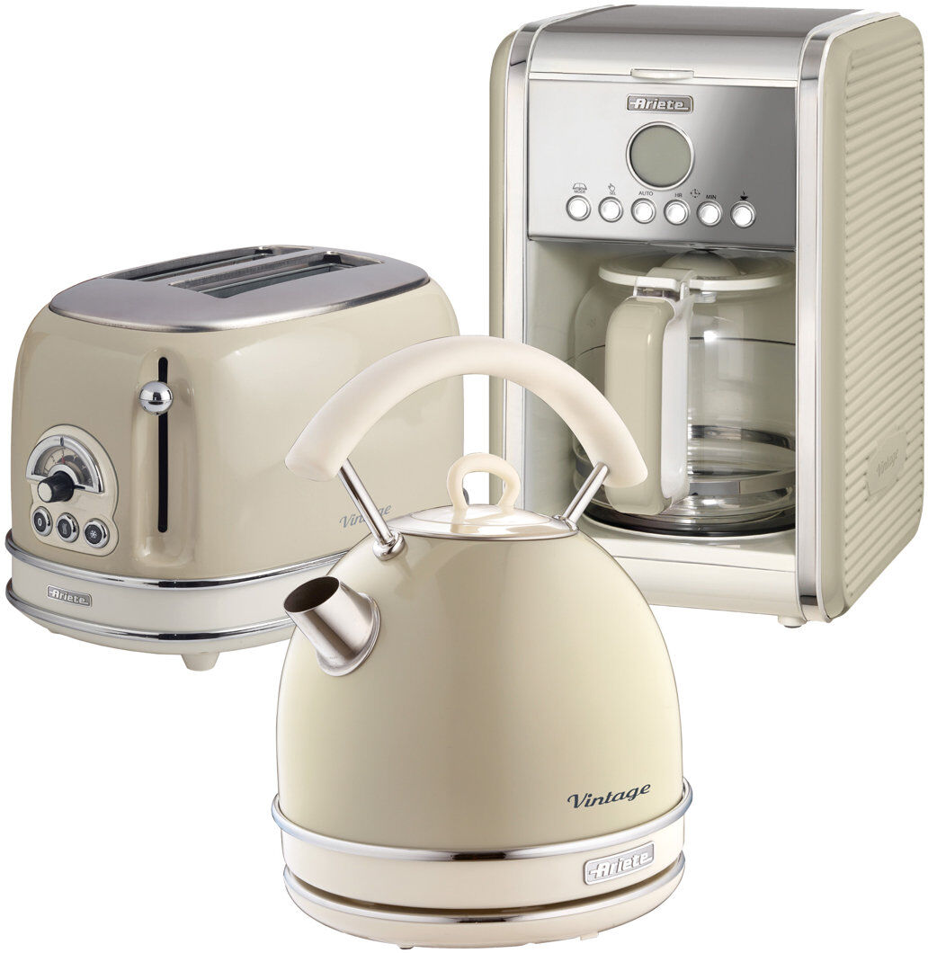 Ariete Vintage 1.7L Stainless Steel Dome Kettle with 2 Slice Toaster and 12 Cup Coffee Machine Set Cream 1.7L