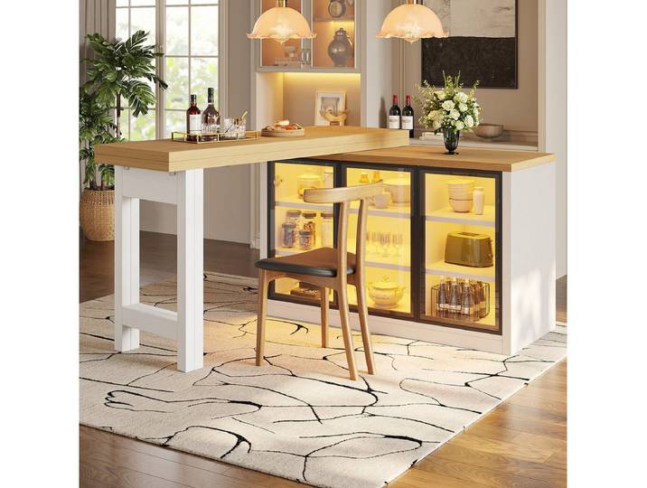 Odikalo Kücheninsel mit Ausziehbarer Kücheninsel-Esstisch, smartes Farblichtsystem, (Multifunktionaler Esstisch Seiten-Schrank Kombination, 360° drehbare, Kücheninsel Esszimmermöbel im modernen Design), Tragendes Gewicht: 60kg
