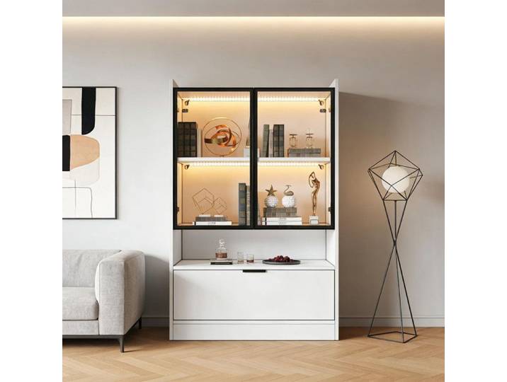 Vitrine en verre avec éclairage LED meuble de rangement armoire haute avec Portes vitrées et portes pliantes blanc 35*80*120cm