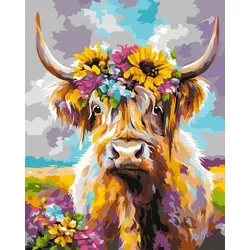 Malen nach Zahlen auf Keilrahmen "Hochlandrind mit Blumen", 40 x 50 cm