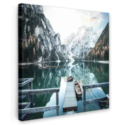 LEINWANDBILD Natur - Berge - Schnee - Wald - Boot Deko Groß 90x90 cm