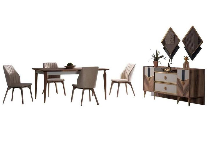 Xlmoebel Esszimmer-Set Elegantes Esszimmer-Set mit Tisch, modernen Stühlen und Sideboard, (6-St., 7tlg. Esszimmer Set (Tisch + 4x Stuhle + Sideboard + Spiegel), Hergestellt in Europa