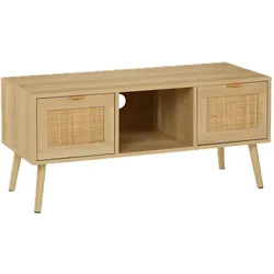 Relaxdays TV-Lowboard, Rattan-Design, Fernsehtisch für bis zu 43 Zoll, Holzoptik, HBT: 45,5x100x40 cm, TV-Bank, natur