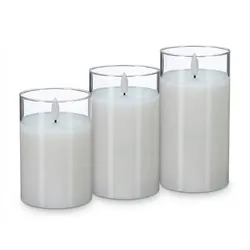 Relaxdays LED Kerzen im Glas, 3er Set, Fernbedienung, Timer & flackernde Flamme, Echtwachs, Windlichter flammenlos, weiß