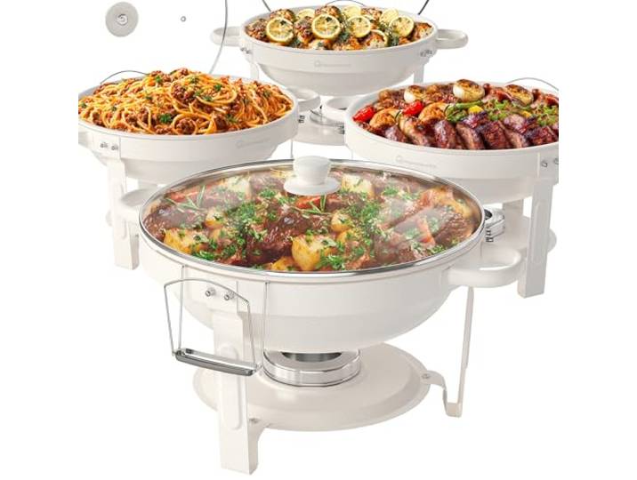 WARMOUNTS Chafing Dish Buffet 5L 4er Set Weiße, Maifan Stein Beschichtung Rund Speisenwärmer für Catering mit Glasdeckel & Deckelhalter, Hochglanzpoliert Edelstahl Stapelbar für Feiern, Hochzeit