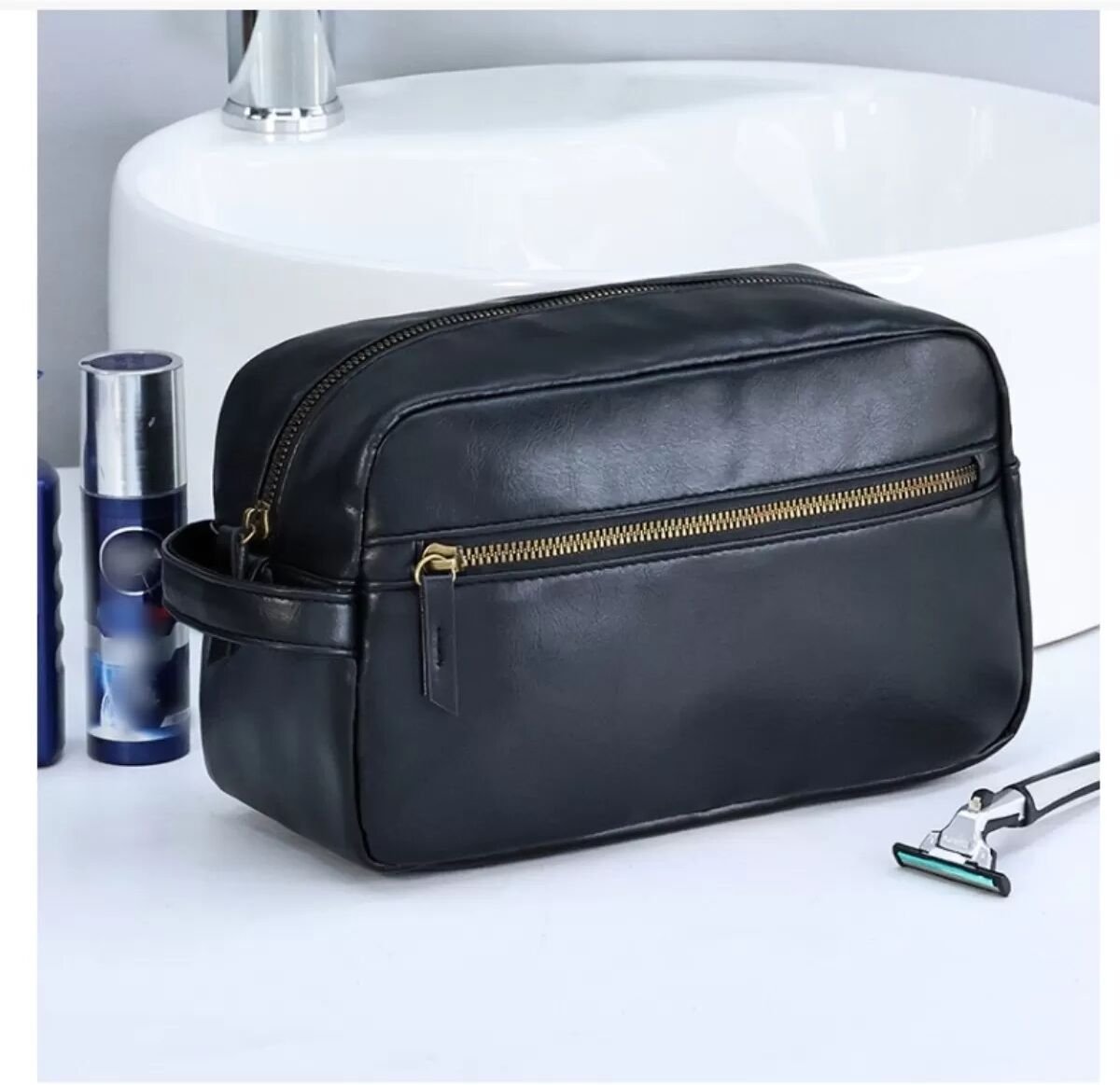 INF Kulturbeutel für Herren, Reise-Waschtasche aus PU-Leder mit Griff Schwarz