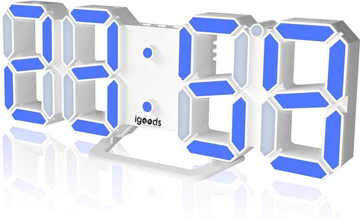 Igoods Digitale Tafelklok - Led Wekker met Temperatuurmeter - Wit/Blauw