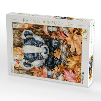 CALVENDO Puzzle Junger niedlicher Dachs im Wald zwischen Pilzen | 1000 Teile Lege-Größe 64x48cm Foto-Puzzle für glückliche Stunden