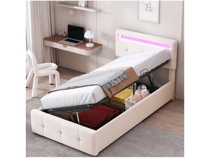 Lit enfant rembourré beige 90 × 200 avec LED coffre hydraulique sans matelas