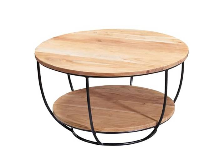 WOHNLING Couchtisch Rund 60x60x34,5 cm Akazie Massivholz Metall Braun Wohnzimmertisch Industrial auffällig, Sofatisch massiv, handgefertigtes Unikat, Stubentisch für Wohnzimmer