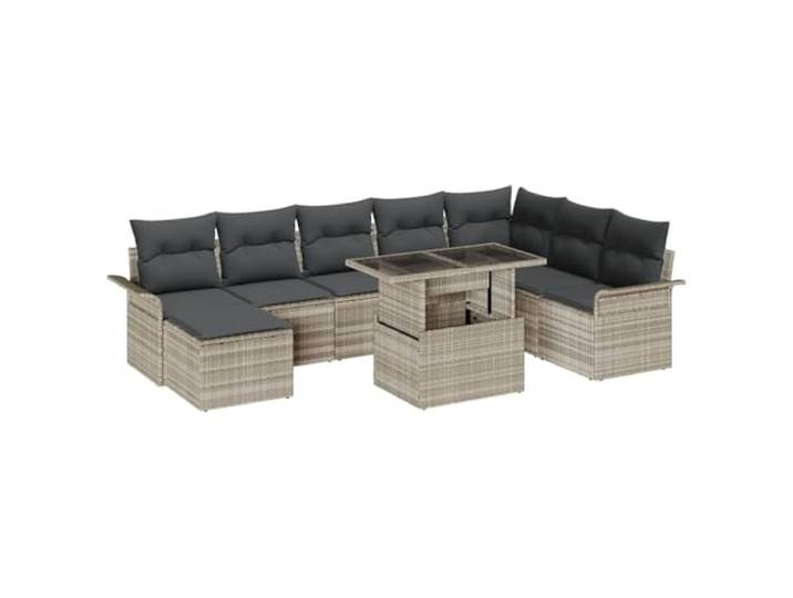 Gartenmöbel Set 9-teilig Hellgrau Polyrattan Modular Design, Eckbank mit Glastisch, Stahlrahmen, für Terrasse Balkon