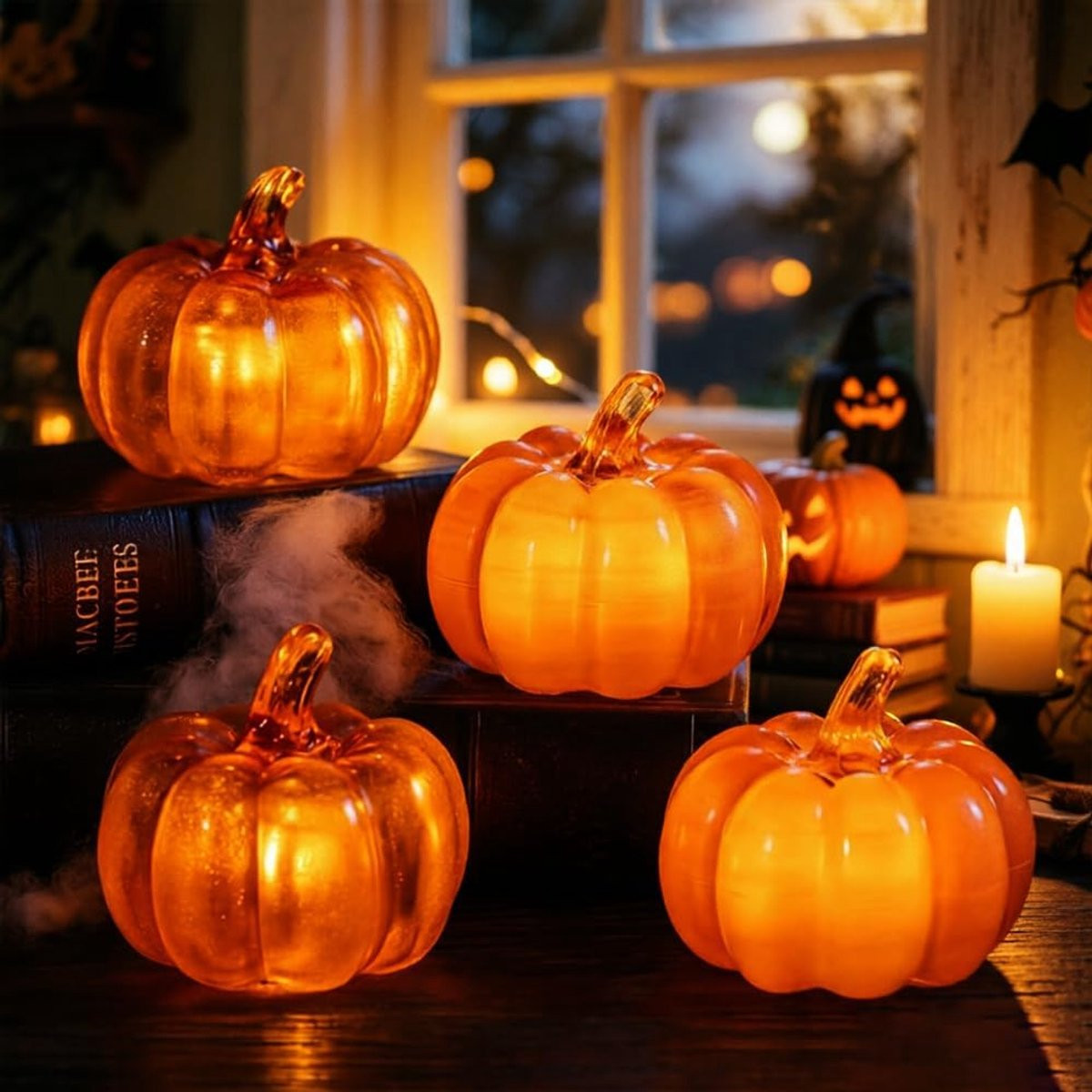 ShopVlot Herfstdecoratie Pompoenlampen - Set van 4 LED-tafellampen - Oranje en Zwart - Glas