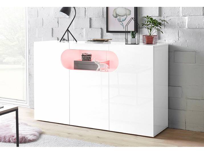 Sideboard HOME AFFAIRE Real,Kommode,Schrank,Breite 130 cm komplett weiss hochglanz lackiert , weiss (weiß hochglanz), B:130cm H:81,5cm T:40cm, Sideboards, Sideboard, mit 3 Türen davon 2 abgerundet, die ein ovales offenes Fach bilden
