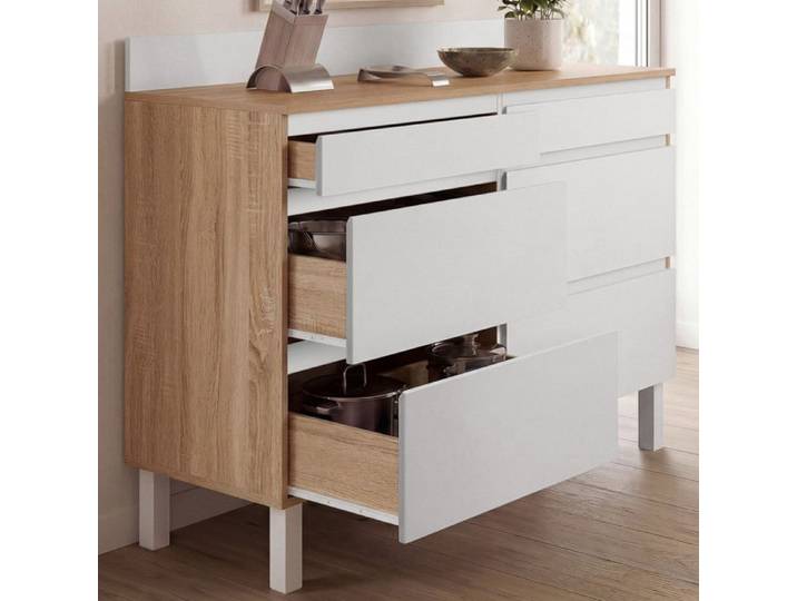 Buffet bas casserolier de cuisine 120 cm CLAUDE bois et blanc