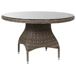 Gartenesstisch Ninja Ø 120 cm aus Kunst-Rattan und Glas, klassisch rund, natur, für 4 Personen