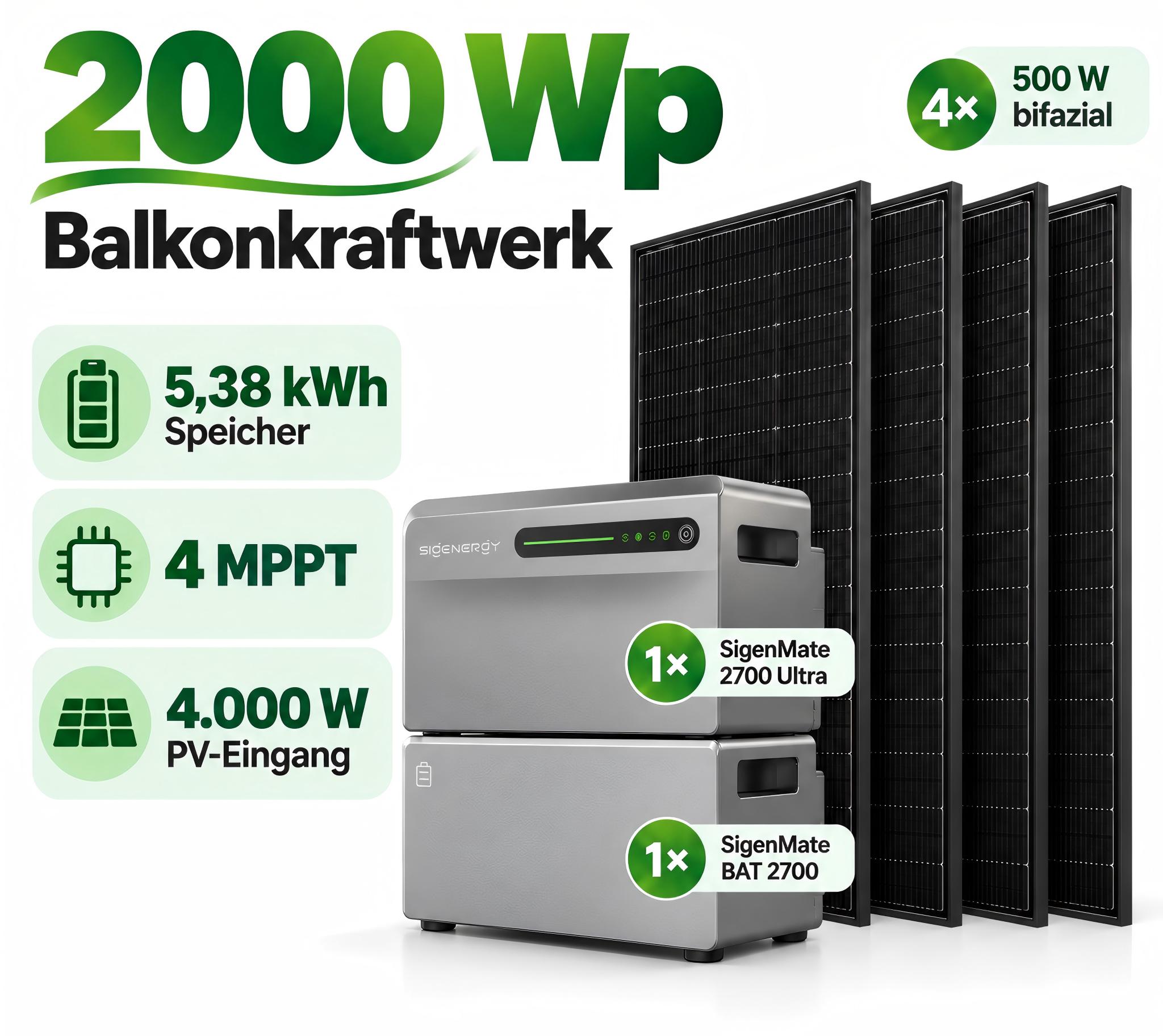 Balkonkraftwerk 2000W mit 5,38 kWh Speicher SIGENERGY SigenMate 2700 Ultra + BAT 2700 | 4×500Wp bifazial | 4 MPPT | Komplettset