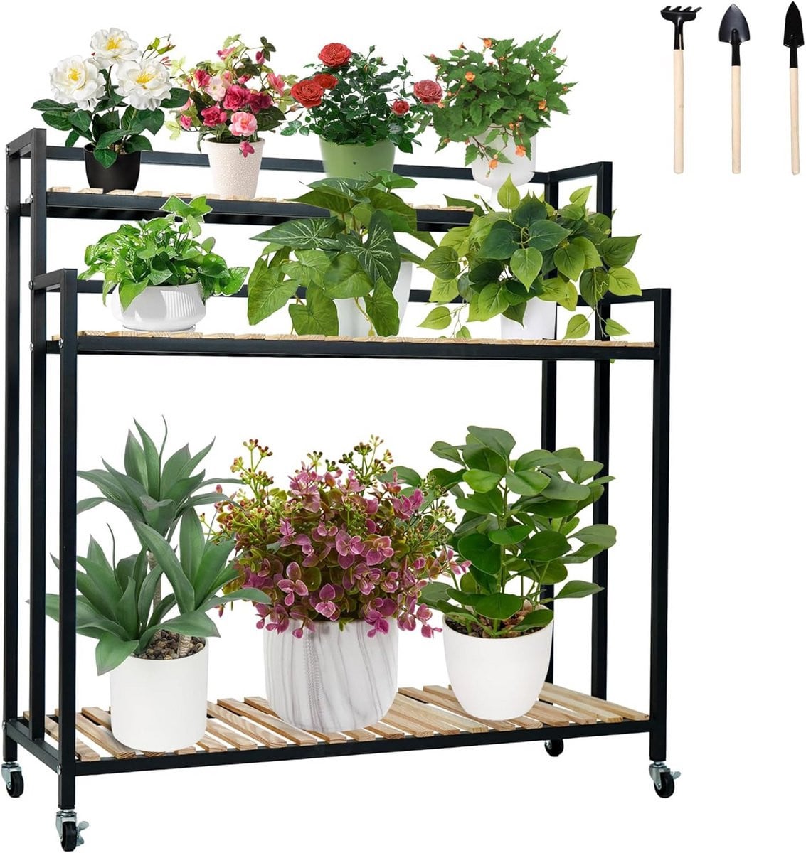 Houten Plantenstandaard met Wielen voor Binnen, 3 Lagen