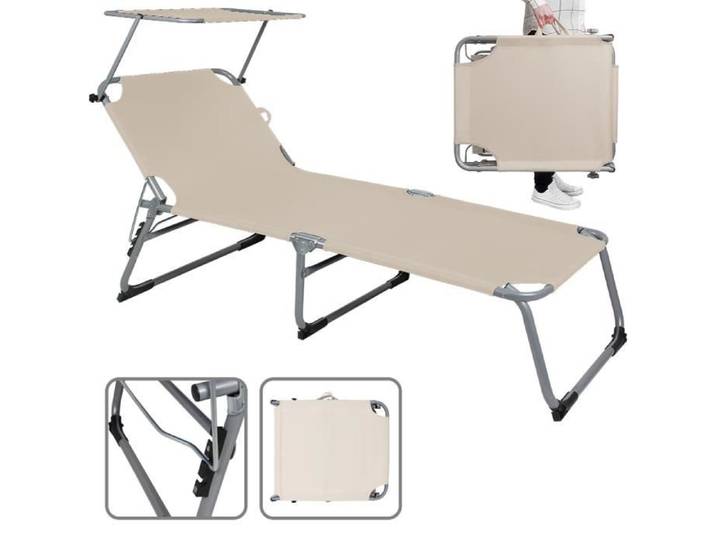 Chaise longue pliable Hawaii Beige transat avec pare-soleil bain de soleil pour plage jardin camping transport