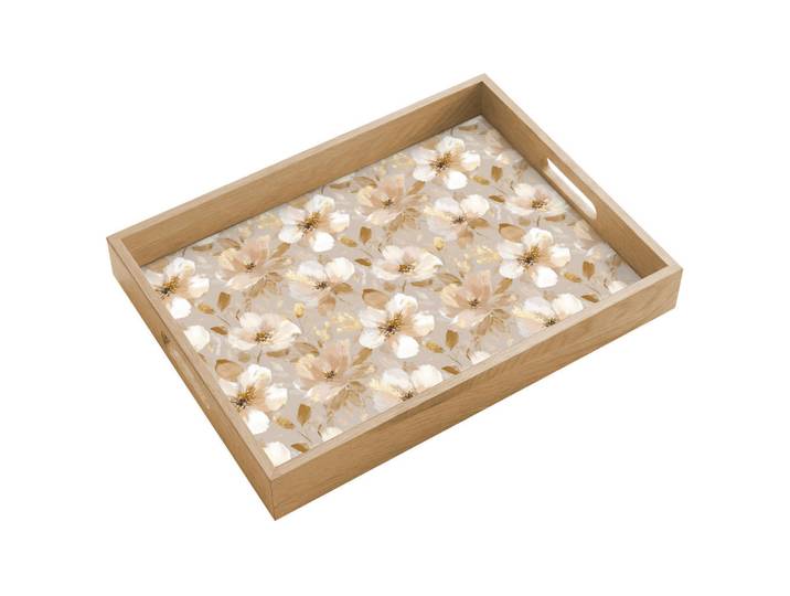 OnlyWow Tablett - Blumen - künstlerisch - Gold - 40x30 cm, Beige, Holz, Echtholz,Eiche, Rechteckig, 40x5x5 cm, Geschirr, Tischkultur & Serviergeschirr, Tabletts