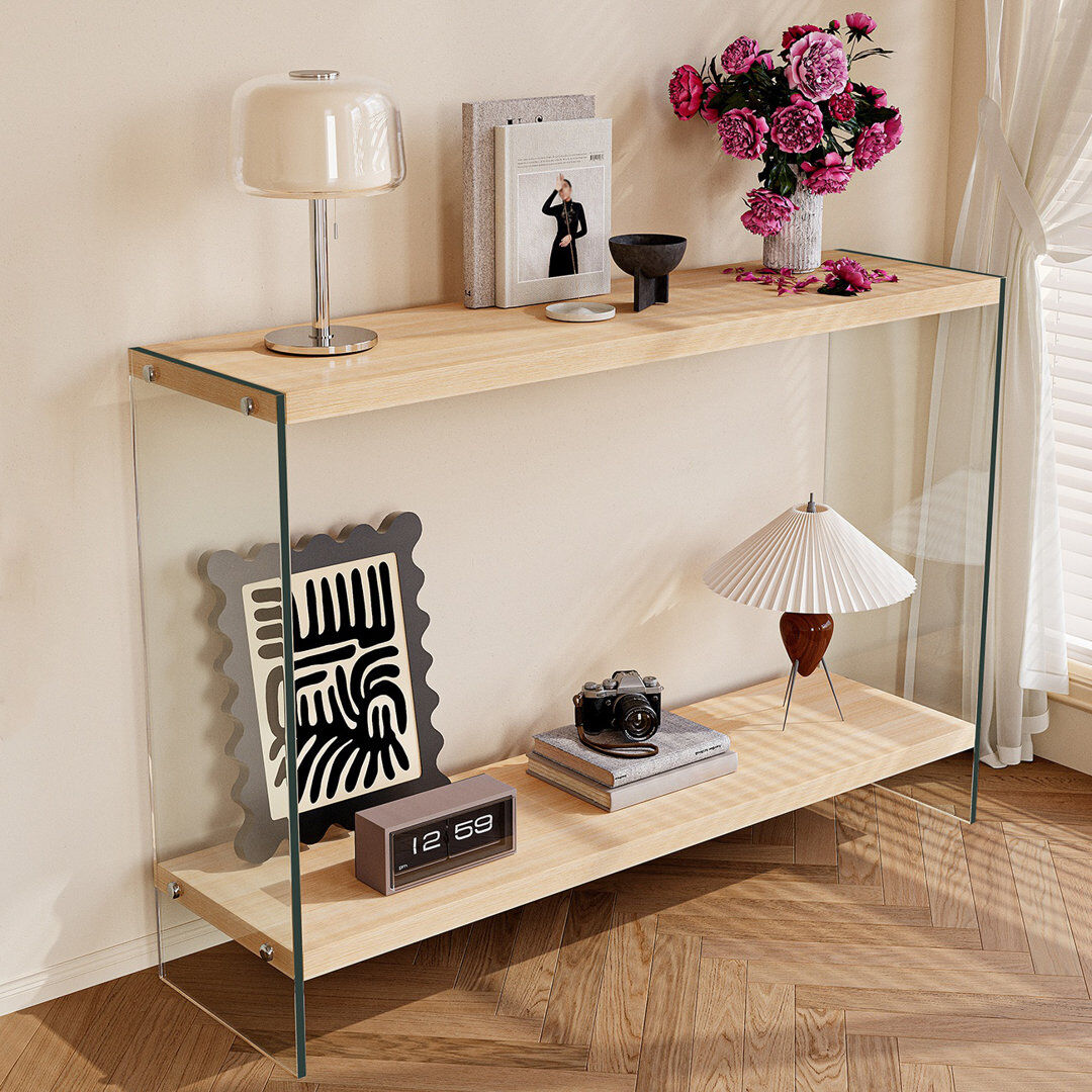 Metro Rectangular Tempered Glass Console Table Entryway Storage Table With Wood-toned Mdf Top And Storage Shelf For Hallway, Living Room, Foyer, Apartment, Natural Wood 76cm H x 80cm W x 30cm D