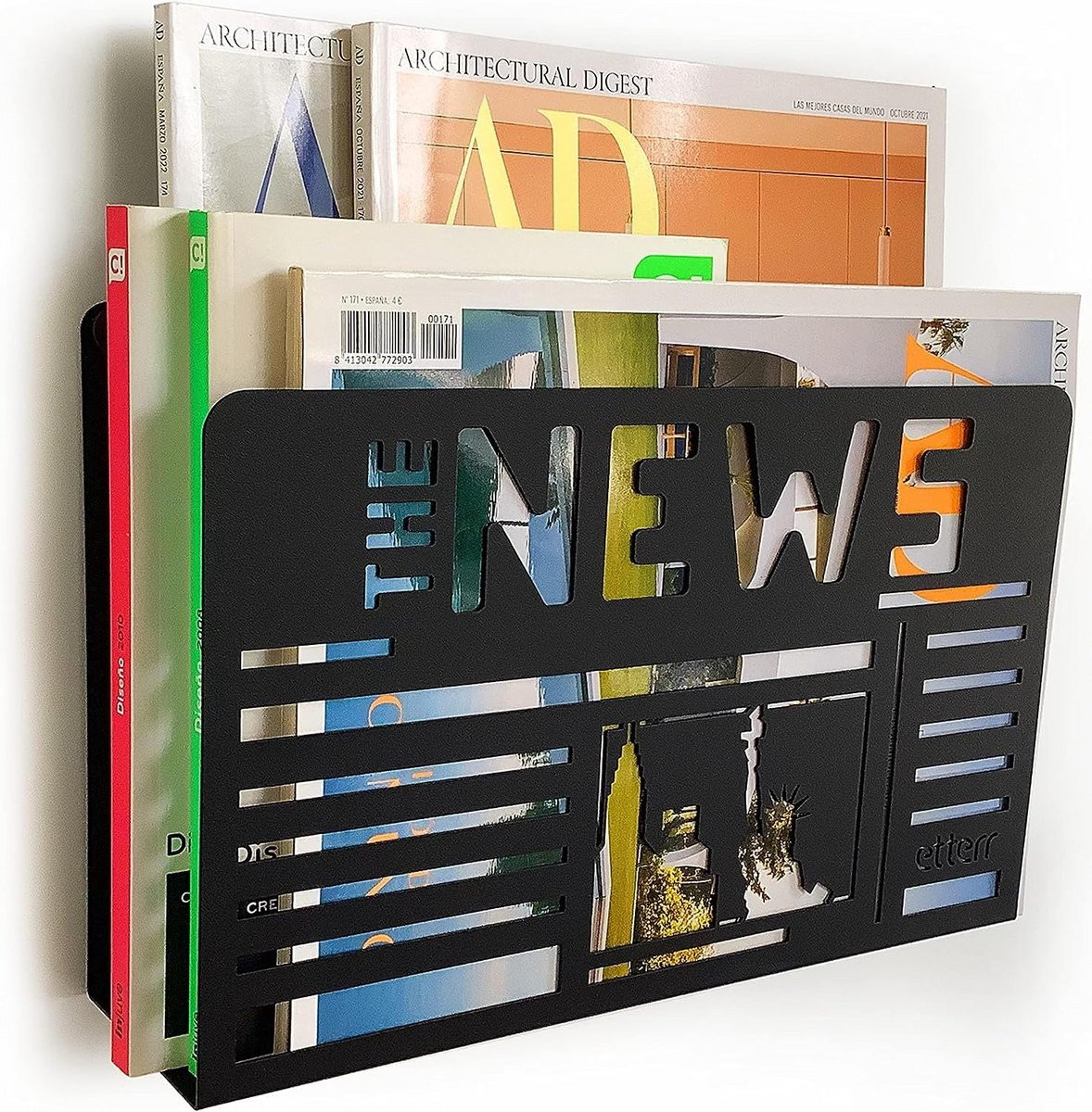 Minimalistische tijdschriftenstandaard van metaal voor wandmontage in wit - B/D/H: 35 x 25 x 10 cm