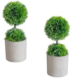 Nearly Natural 9-in Artificial Mini Cedar Ball Topiary in Cement Planter - Set of 2