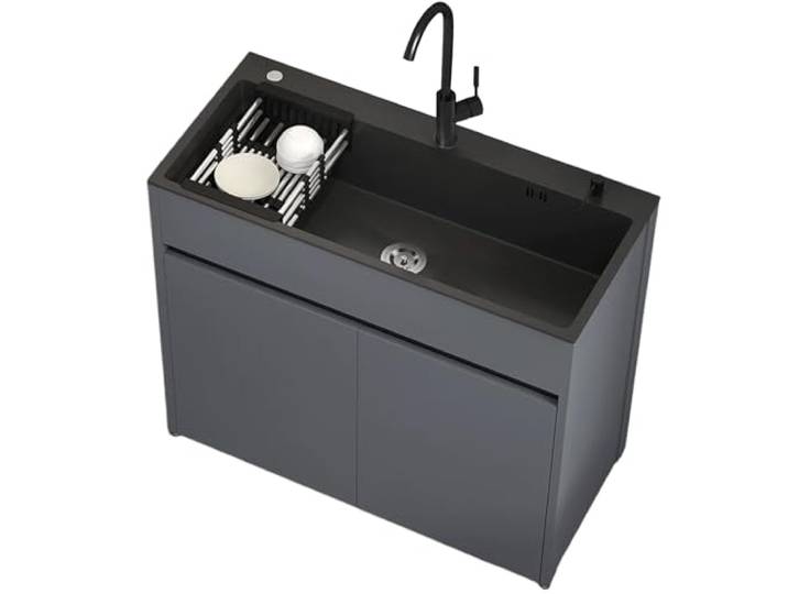 Freistehende Edelstahl Küchenspüle mit Ausziehbarer Armatur, Aufbewahrungsschrank, Industrielle Spüle mit Abtropfkorb für Restaurant, Outdoor, Garten, Küche