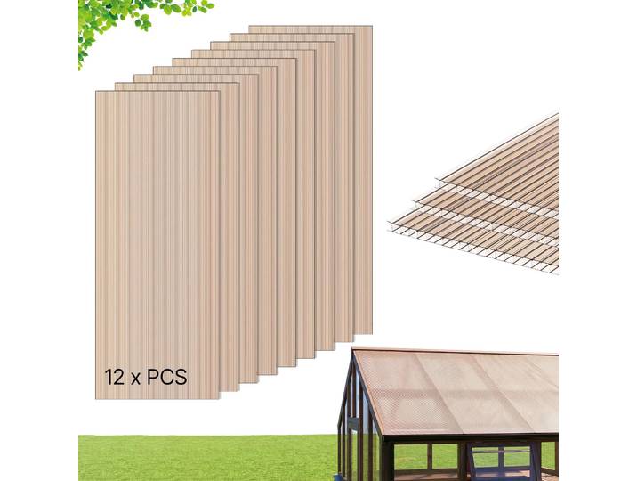 Vevor Plaques De Toiture Polycarbonate 152x61x0\,6 Cm\, Lot De 12\, Plaques Alveolaires Double Paroi Pour Toiture De Pergola\, Tonnelle\, Abri De Jardin\, Poulailler Et Serre\, Panneaux Antichoc\, Brun Clair