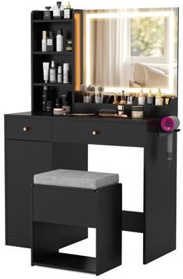 Costway Vanity Dressing Table and Chair Set with Mirror and Lights-Black