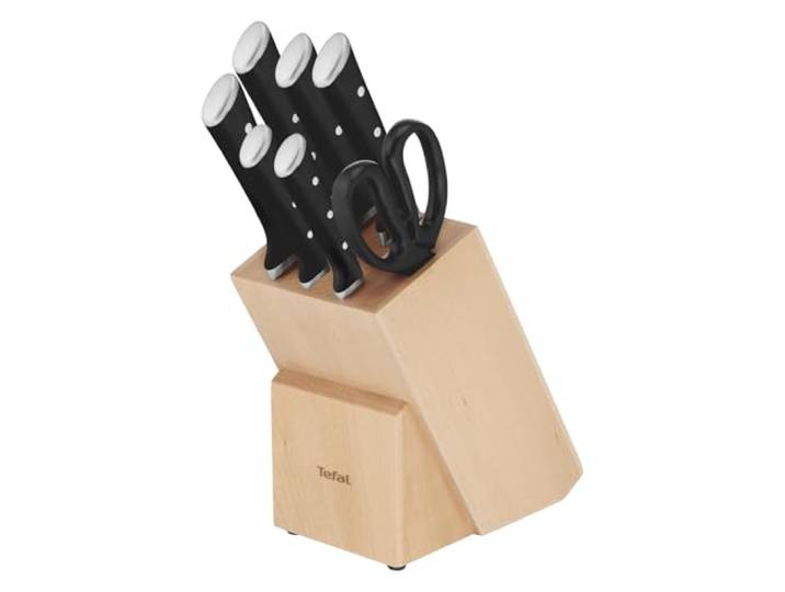 Tefal Ice Force 8-tlg. Messerblock-Set, 6 Messer, 1 Schere, 1 Holz-Messerblock, hochwertiger deutscher Edelstahl, Ice Force Technologie, korrosionsbeständig, schwarz, braun, silber, K232S7
