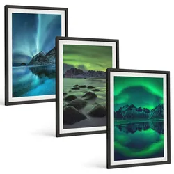 BILDER SET 3er Set - 40x60 cm Schwarzer Rahmen - Winterlandschaft der Aurora borealis