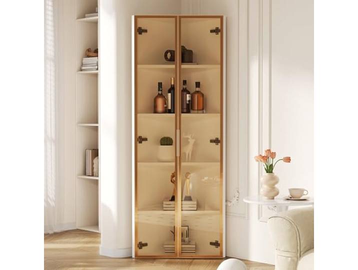 BTM LED Glasvitrine 62x35x160cm Eckvitrine mit Tür – Sammlungsvitrine, Bücherregal, Weinschrank, Badezimmerschrank, Weiß