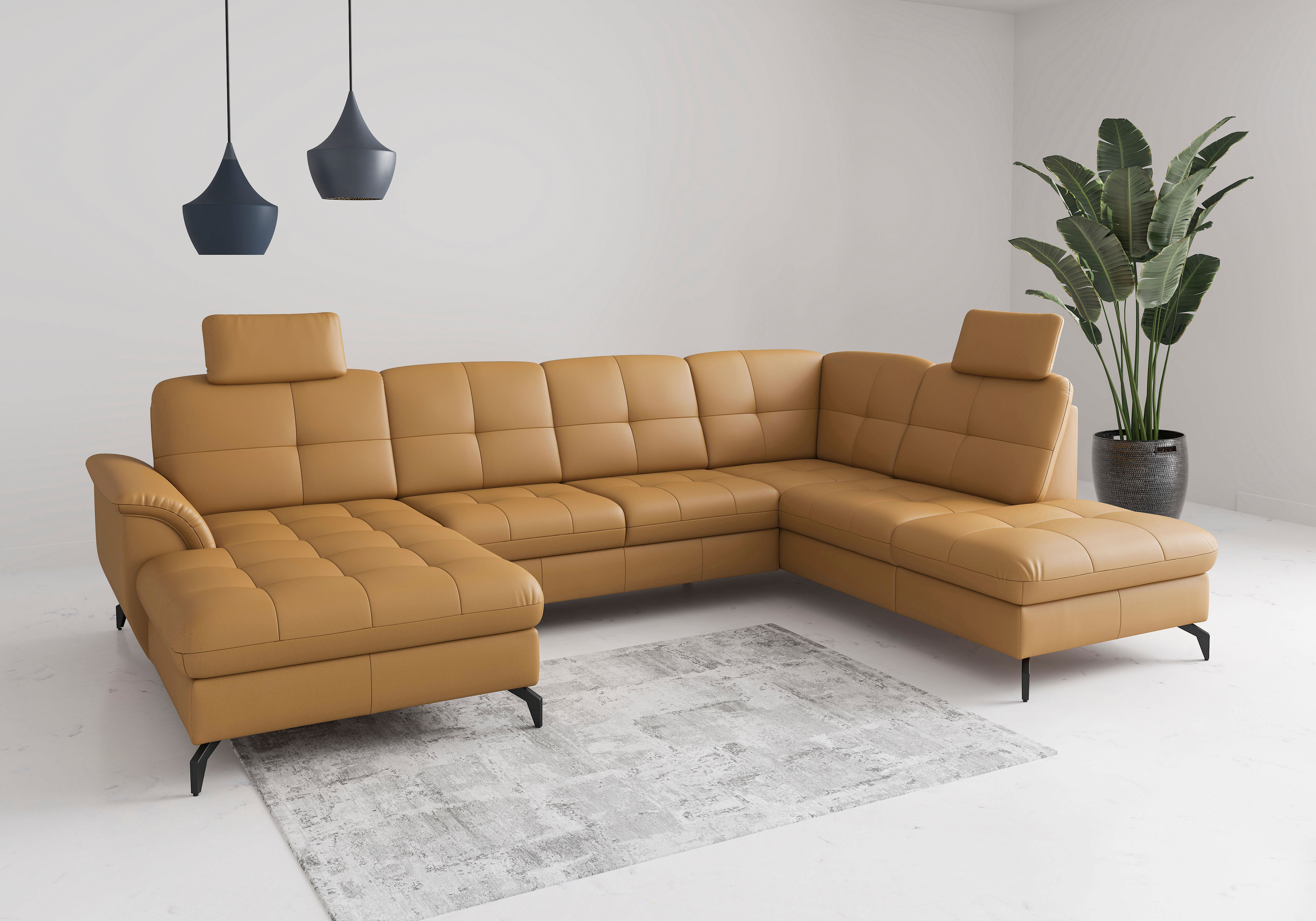 Wohnlandschaft SIT & MORE "Zora", curry, T:212cm, Sofas, Wohnlandschaft curry B/H/T: 212cm, NaturLEDER®,mega-Recamiere links,mit Bett,ohne Bettkasten