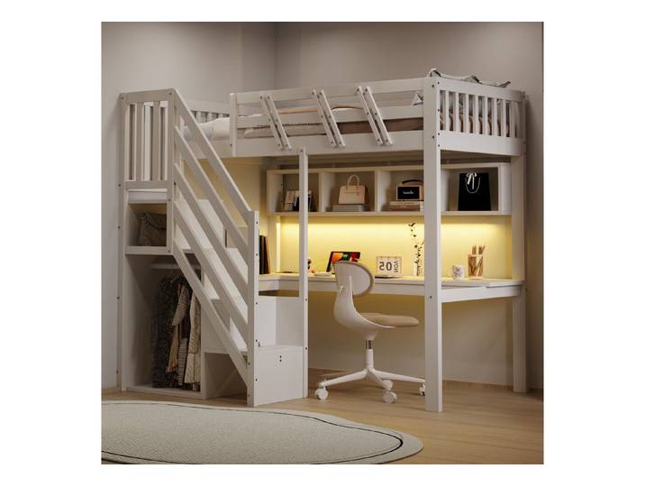 OKWISH Hochbett Kinderbett Holzbett (mit Treppe, Aufbewahrung, Schreibtisch & USB-Anschluss – LED-Beleuchtung, stabiler Holzrahmen, 90x200 cm) Inklusive Matratze