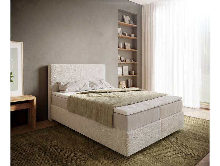 Boxspringbett Dream-Well 140x200 cm Bouclé Creme-Weiß mit Taschenfederkernmatratze und Topper Visco, Boxspringbetten