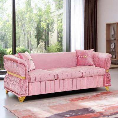 Velvet Sofa with Gold Metal Trim, Gold-Tone Legs, and Curved Armrests