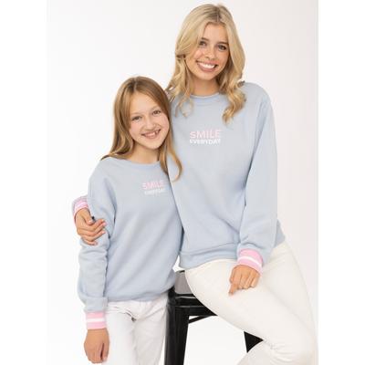 Sweatshirt ZWILLINGSHERZ "SMILE", Damen, Gr. XL, blau (hellblau), Obermaterial: 50% Baumwolle, 50% Polyester, Sweatshirts Sweatshirt, Mini Me Style, gestreifte Bündchen, Smile Print vorne und am Rücken
