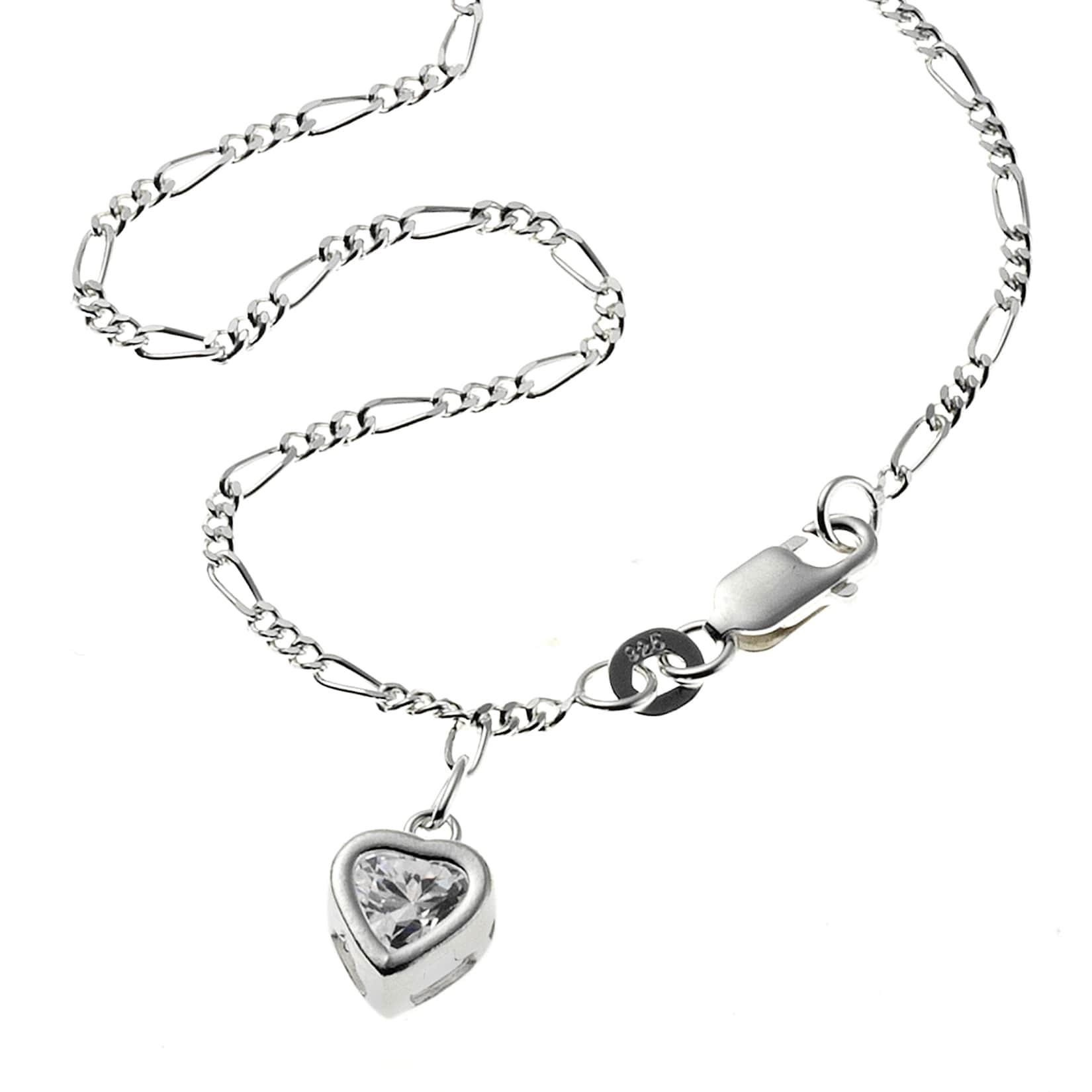 Zeeme Basic Fußkette 925 Silber mit Herz-Anhänger und Zirkonia weiß 25cm lang