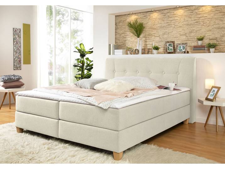 Boxspringbett, Beige, 208x218 cm, Struktur, Inkl. Topper & XL-Ausführung, Klassisch, Home-affaire
