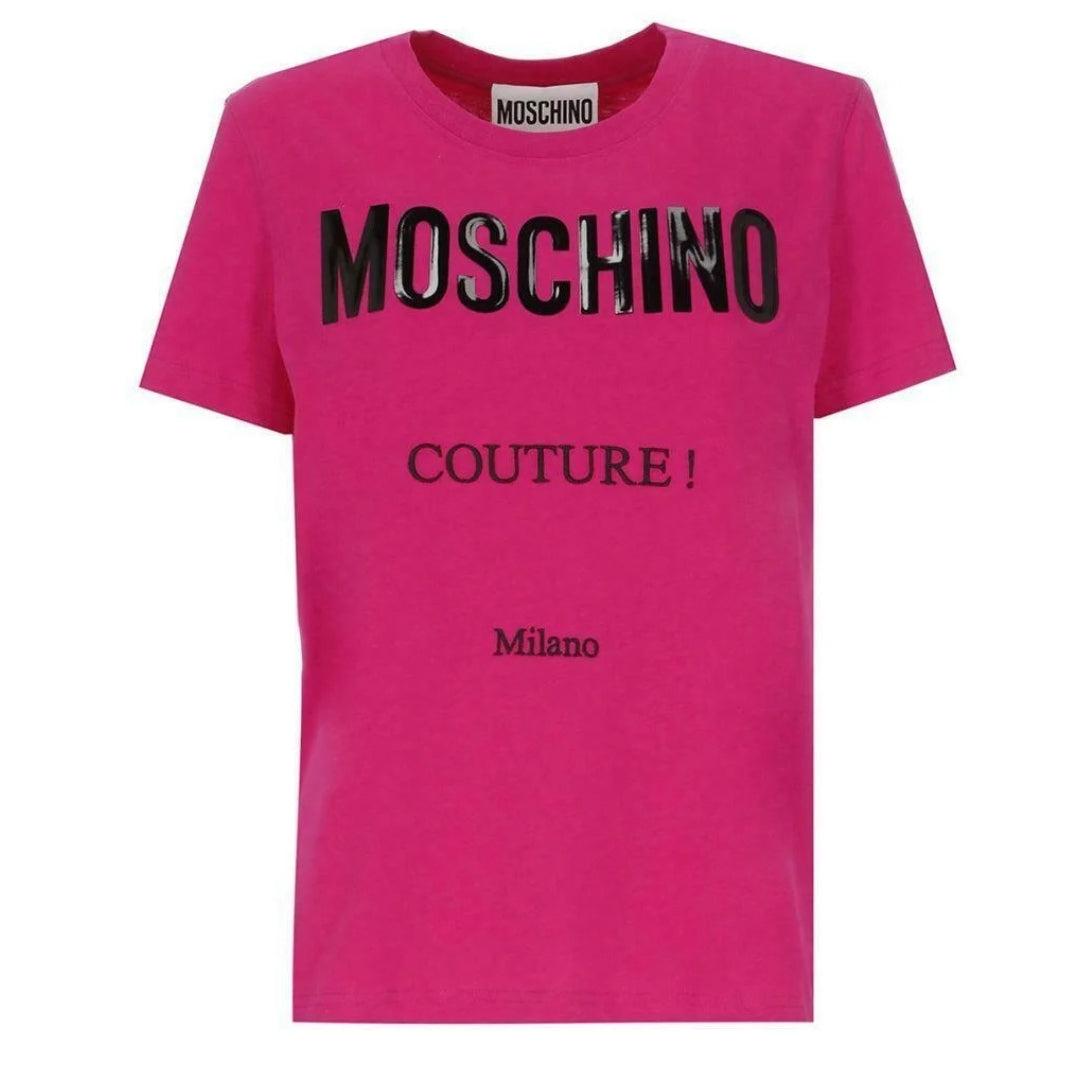 Moschino Couture - T-Shirt in Fuchsia mit glänzendem Logo