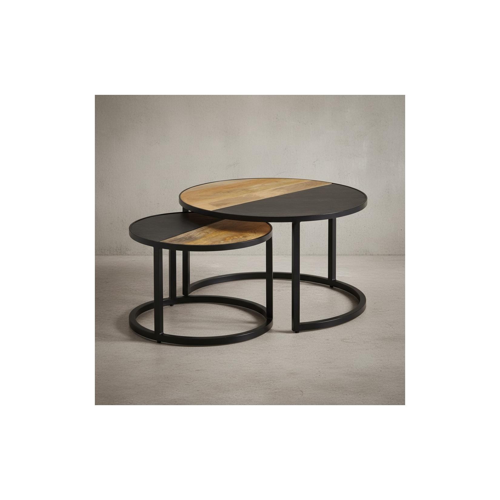 KADIMA DESIGN Runde Couchtische, 2er Set, Mango Massivholz/Steinoptik, Modernes Design
