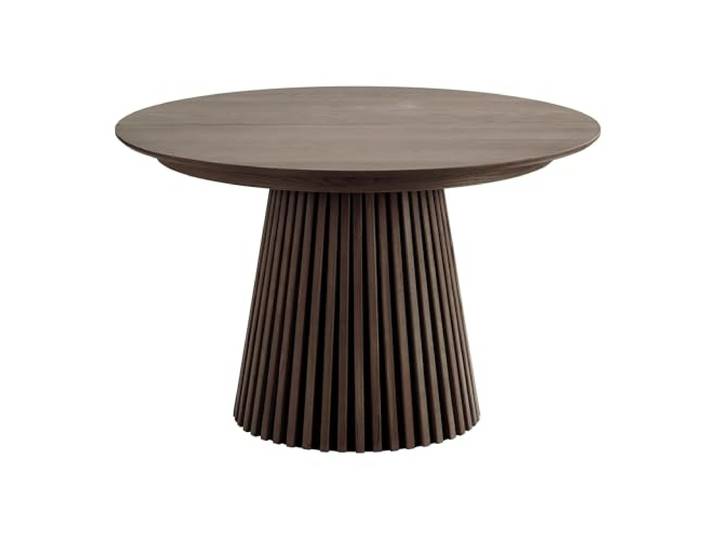 möbelando Kulissen-Esstisch >Osaka< ausziehbar von 120 cm rund auf 160cm oder 200 cm oval, Echtholzfurnier Eiche Smoked-braun, Designerfuß mit Akustikpaneel, 2 Einlegeplatten je 40cm, Höhe ca. 75cm.