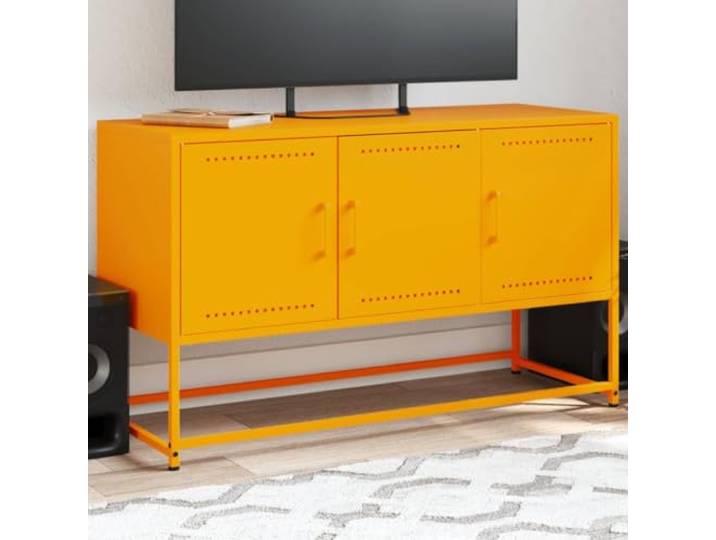 Molumvel TV-Schrank aus Stahl - Senfgelb Multimedia-Konsole, 100.5x39x60.5 Industrie-Stil, 3 Fächer für Stauraum, Robuste Metall-Konstruktion