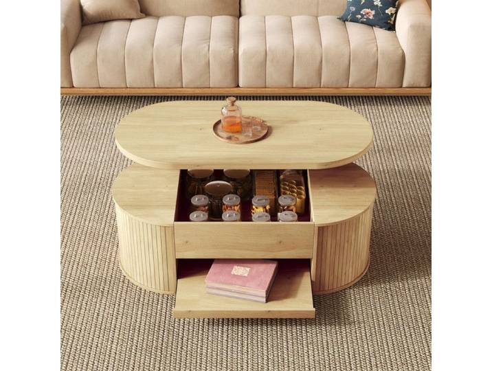 Table Basse Relevable Table de Salon avec Rangement Caché Table Basse Ovale Multifonctionnel Plateau Relevable 110x55.5x40 cm