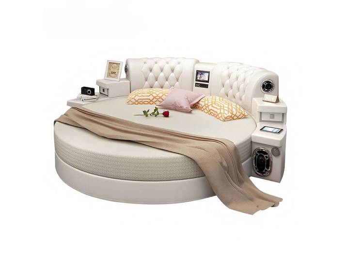 JVmoebel Rundbett Weißes Chesterfield Multifunktionsbett Designer Schlafzimmer Betten (2-tlg)