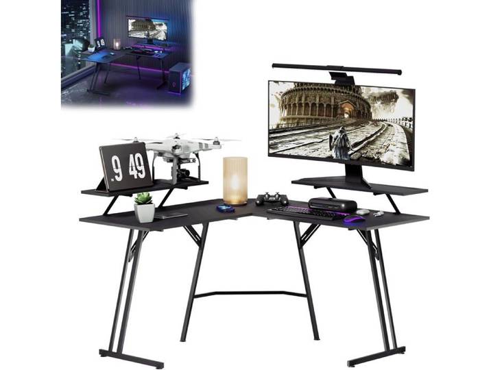 Grand bureau d'angle en forme de L - 120 x 73 x 46 cm - Grand bureau de jeu - Grand bureau avec supports d'écran