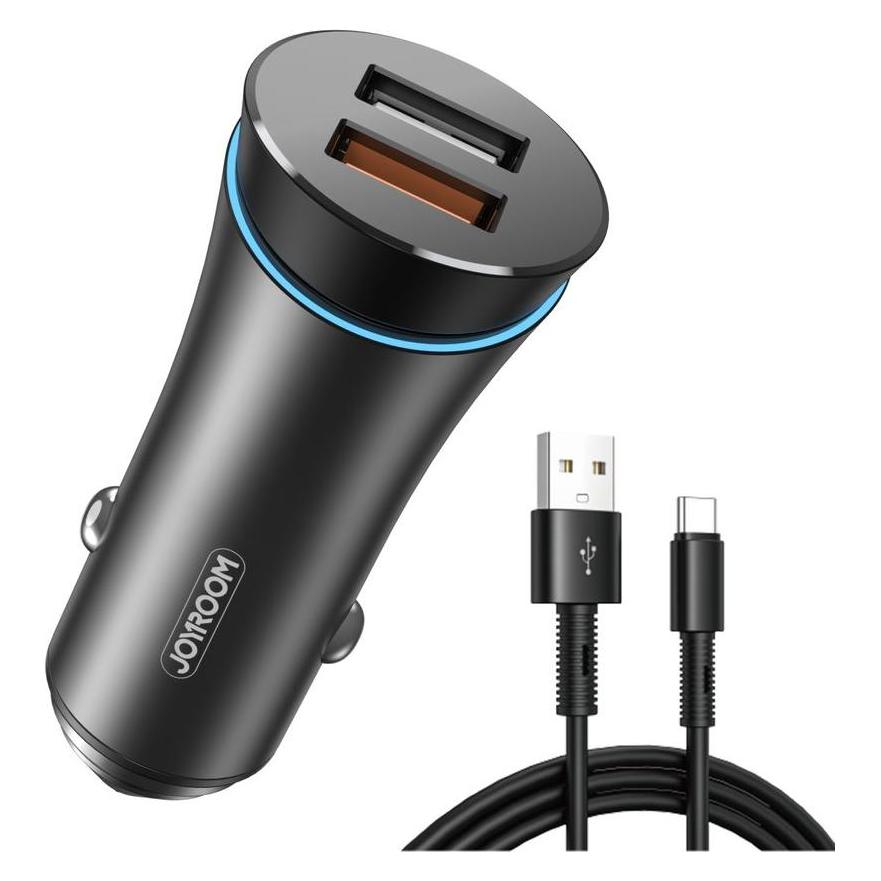 Joyroom 2.4A Dual-Port Car Charger QC3.0, with USB-A - USB-C cable - Black (JR-C08C)
