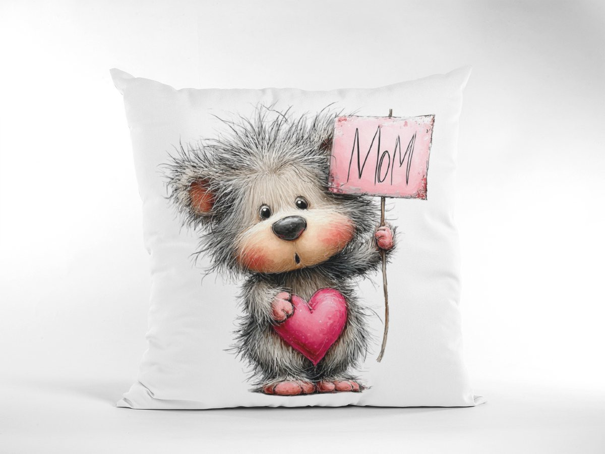 Mama Teddybeer Sierkussen met Shaggy Hart Ontwerp