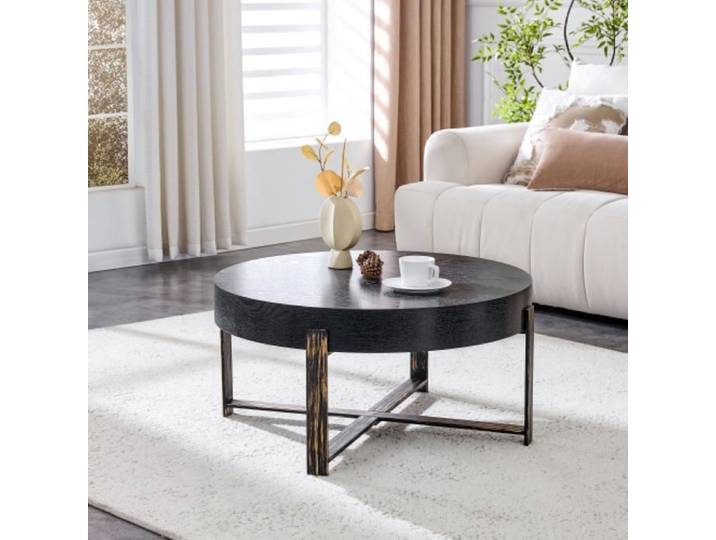 Table basse ronde MDF motif bois noir diamètre 68cm hauteur 36cm structure métal croisée bronze antique salon petit appartement
