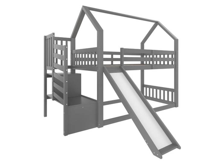 ComfortXL Etagenbett Hausdesign Grau, Holz, 90x200 cm, Babymöbel & Kindermöbel, Kinderzimmer & Jugendzimmer, Stockbetten